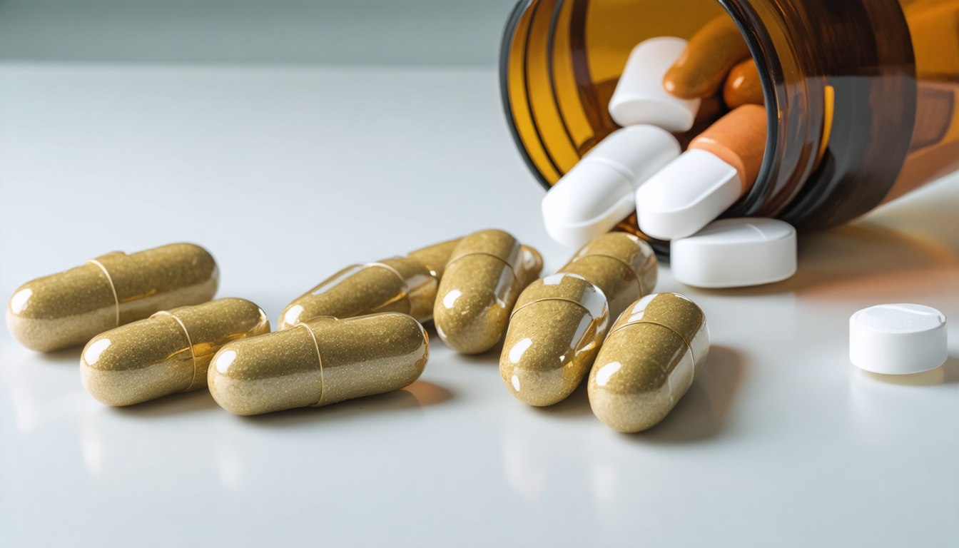 Dietary supplements for men’s sexual health on a table with a glass of water and a stethoscope, symbolizing medical guidance and evidence-based care