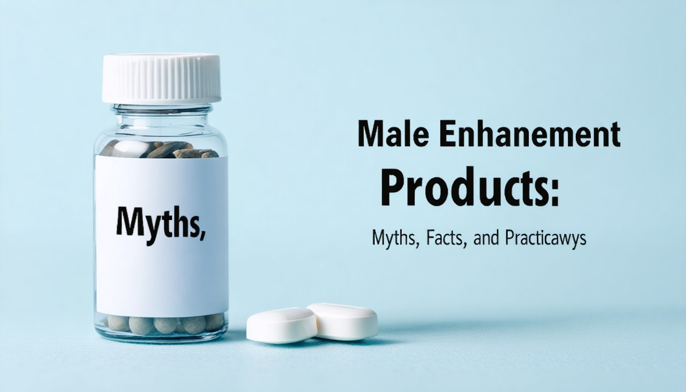 Educational medical illustration discussing male enhancement products, separating myths from evidence-based facts